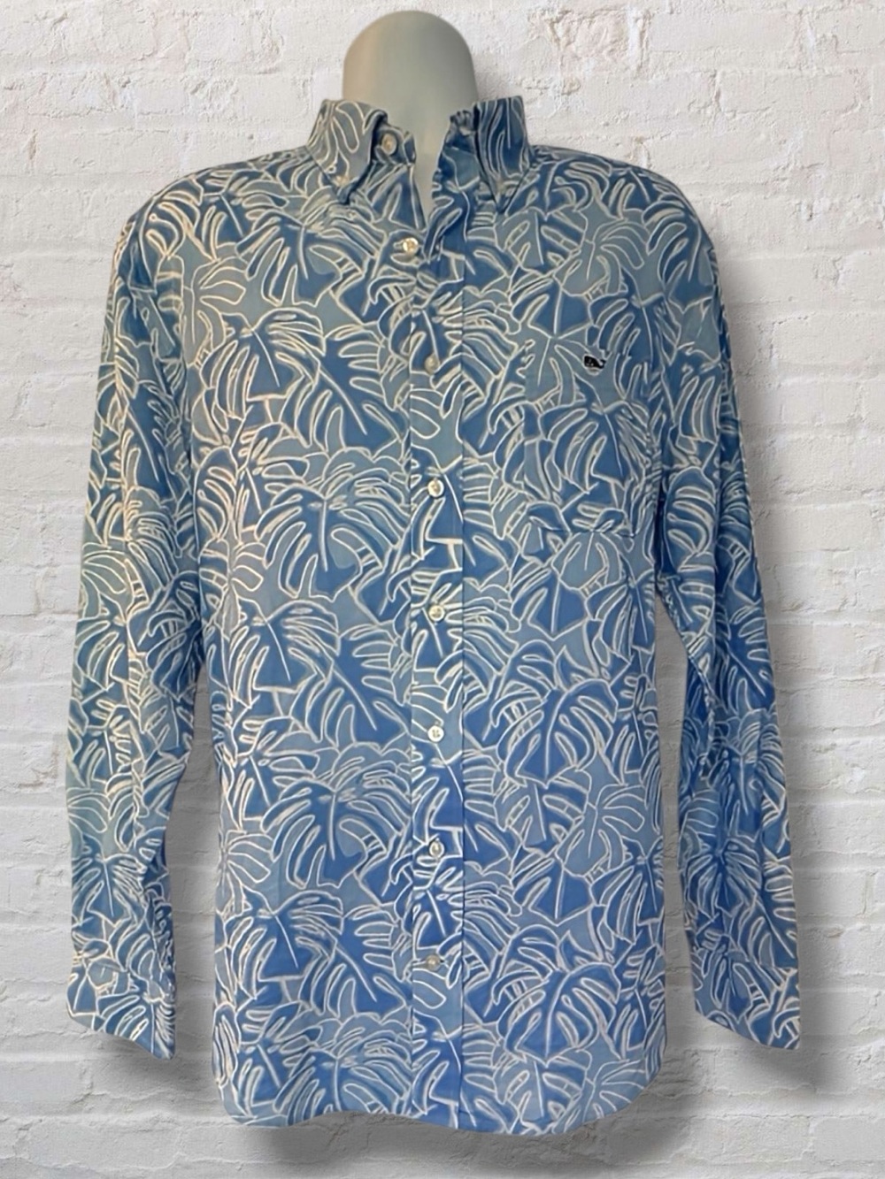 Vineyard Vines Tucker Shirt Large Linen Blend Blue Tropical Leaf Button Down